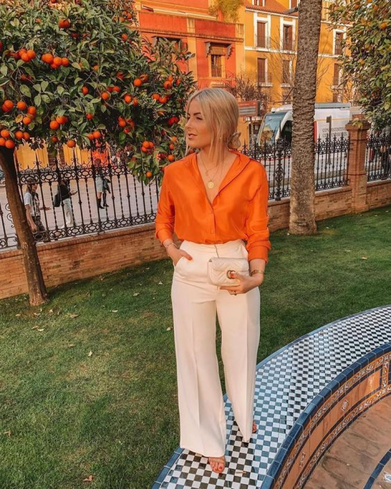 Orange Silk Shirt Clothing Ideas With Pink Casual Trouser, Orange And Cream Satin Outfit: 