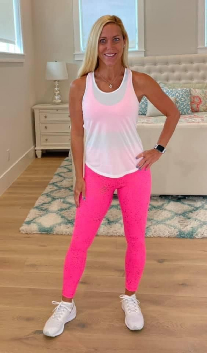 White Tank Top, Neon Pink Speckled Leggings, and Sporty White Sneakers: active undergarment,  active pants,  yoga pant  