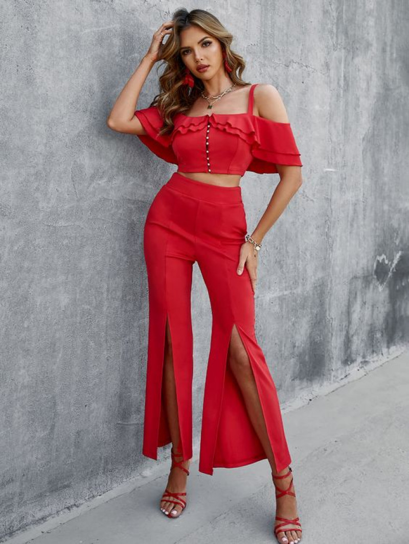 Red Slit Pants Wardrobe Ideas With Red Crop Top: women's pants,  amazon.com  