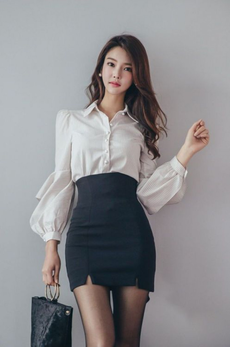 Beige Cropped Blouse Tight Skirt Outfit Designs With Black Formal Skirt: festival fashion,  womens fashion,  women's apparel,  korean fashion,  asian fashion  