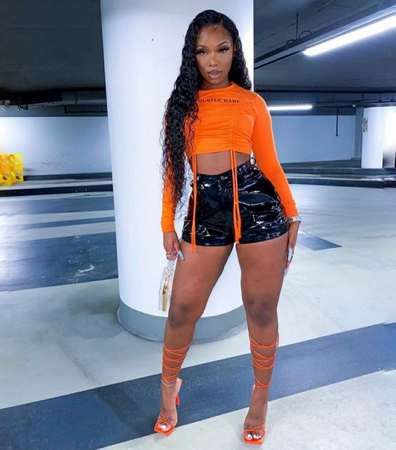 Orange T-shirt Swag Girls Outfits Ideas With Black Leather, Birthday Outfits Black Girl: electric blue,  black hair,  black girl fashion  