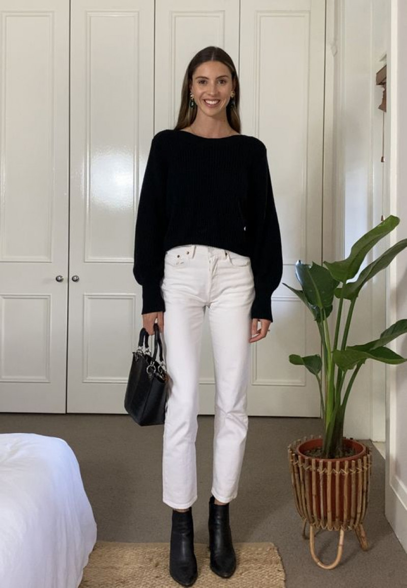 White Pants Black Boots Fashion Tips With Black Sweatshirt, Jeans: 