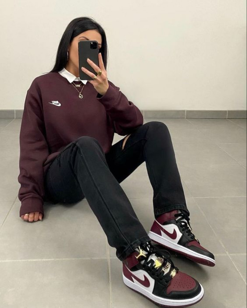 Sexy Maroon Colored Jordan With Black and White Design Perfectly Going Wih Maroon Sweatshirt And Charcoal Jeans: fashion accessory,  sports equipment,  nike air jordan 1 mid beetroot  