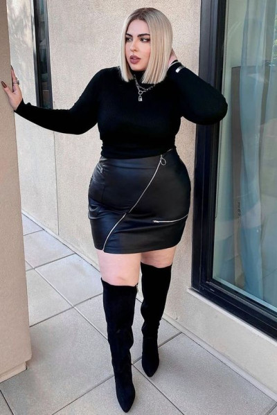 Plus size night out black leather skirt outfit: artificial leather,  leather skirt,  plus-size clothing,  high-rise,  fashion to figure,  plus size skirt,  knee-high boot  
