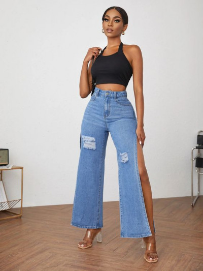 Attire ideas with Slit  jeans, denim, t-shirt, trousers, slim-fit pants: high-rise,  slim-fit pants,  mom jeans,  wide-leg jeans,  women's pants  