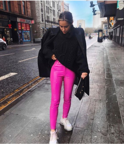 Pink cool vibes with jeans, denim, leggings, trousers: road surface,  celebrity pink  