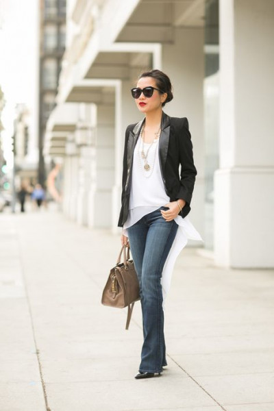 Bootcut jeans and blazer outfit: bell-bottoms,  luggage and bags  