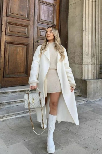 Estilo old money feminino knee-high boot, trench coat, formal wear: formal wear,  trench coat,  knee-high boot,  white wool coat,  white ladies high boot  