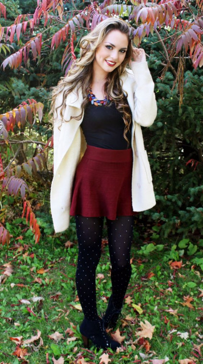 Maroon adorable fashion with skirt, tights: 