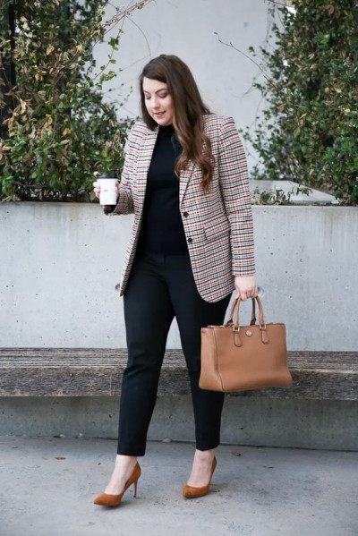 Casual brown plaid blazer outfit: women's blazer,  brown blazer  